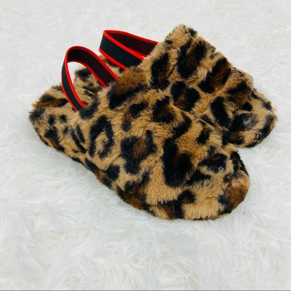 UNBRANDED girls leopard animal print open toe snuggly fleece warm slippers SZ 3